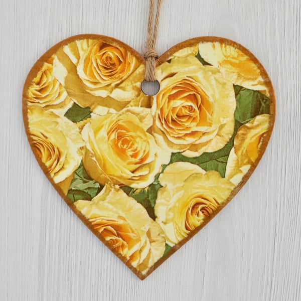 Decoupaged Wooden Hanging Heart 15cm (6”): Yellow Roses design
