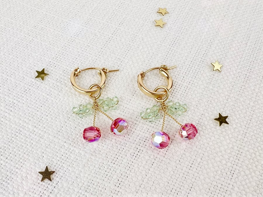 Crystal Cherry Hoops Earrings in Gold Filled