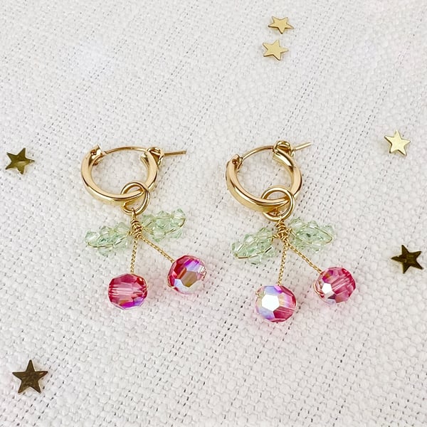 Crystal Cherry Hoops Earrings in Gold Filled