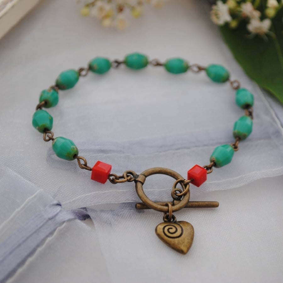 Vintage turquoise bead and heart charm bracelet