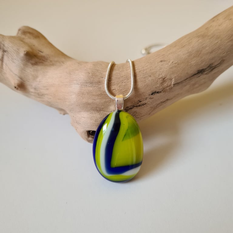Fused glass yellow, blue, white and green pendant