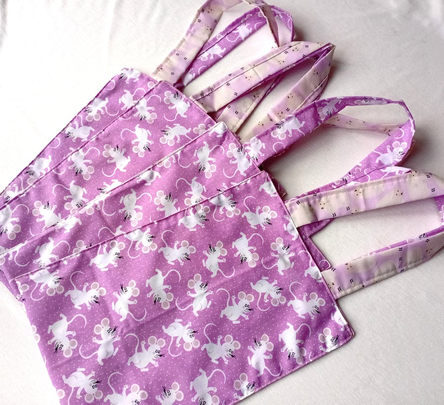 MICE and SHEEP theme, MAUVE PINK medium lined TOTE bag