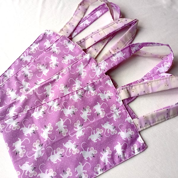 MICE and SHEEP theme, MAUVE PINK medium lined TOTE bag