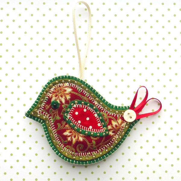 Christmas Bird Decoration, applique bird tree decoration