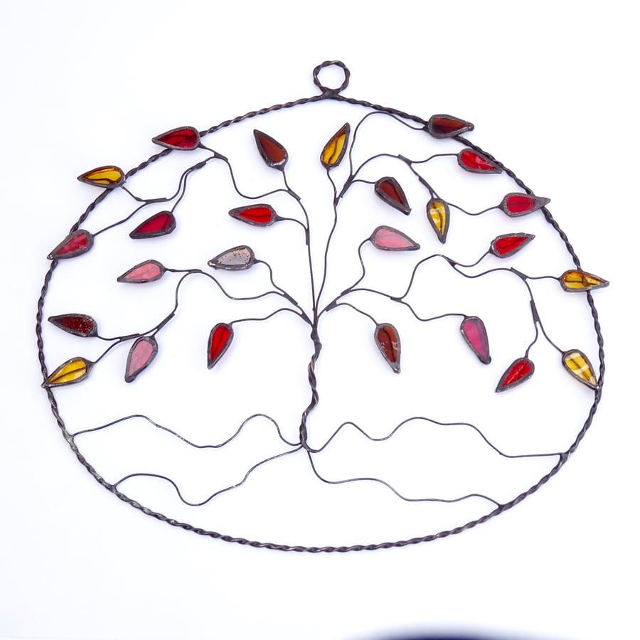 Stained Glass Tree Oval Suncatcher - Handmade Hanging Decoration - Red