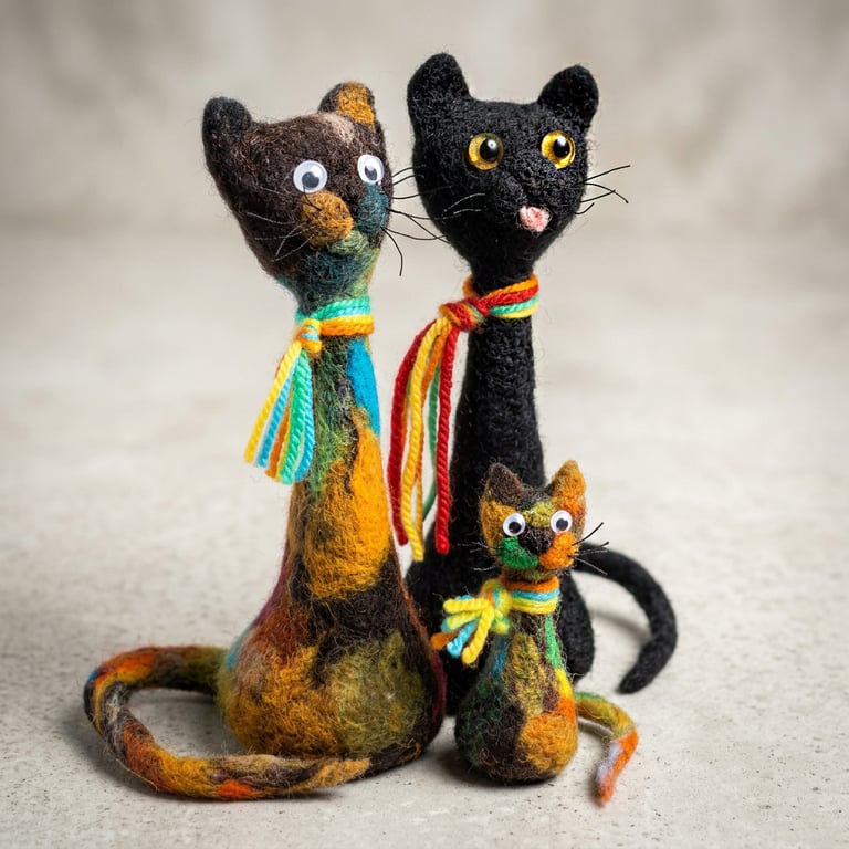 Funky Needle-Felted Cat Ornament – Handmade Wool Sculpture with Scarf (One Cat)