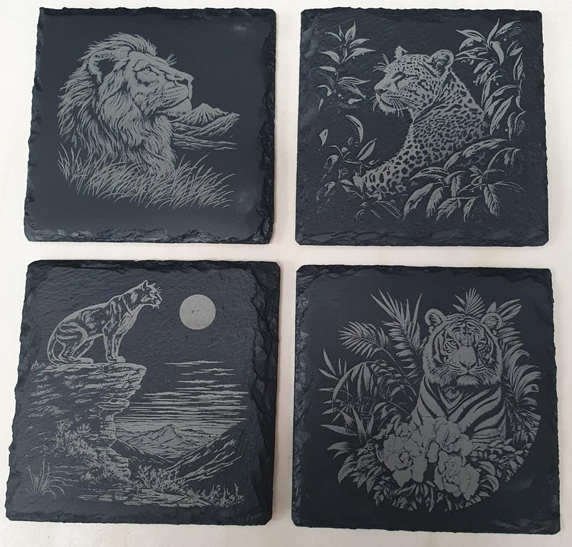 4-Piece Laser-Engraved Big Cat Slate Tile Set
