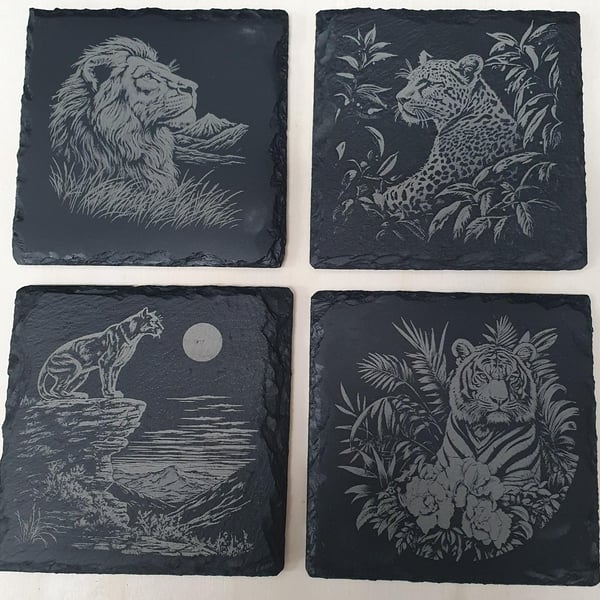 4-Piece Laser-Engraved Big Cat Slate Tile Set