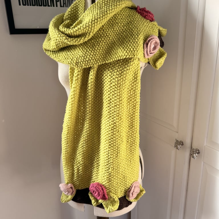 Hand knitted scarf with rose and leave decoration
