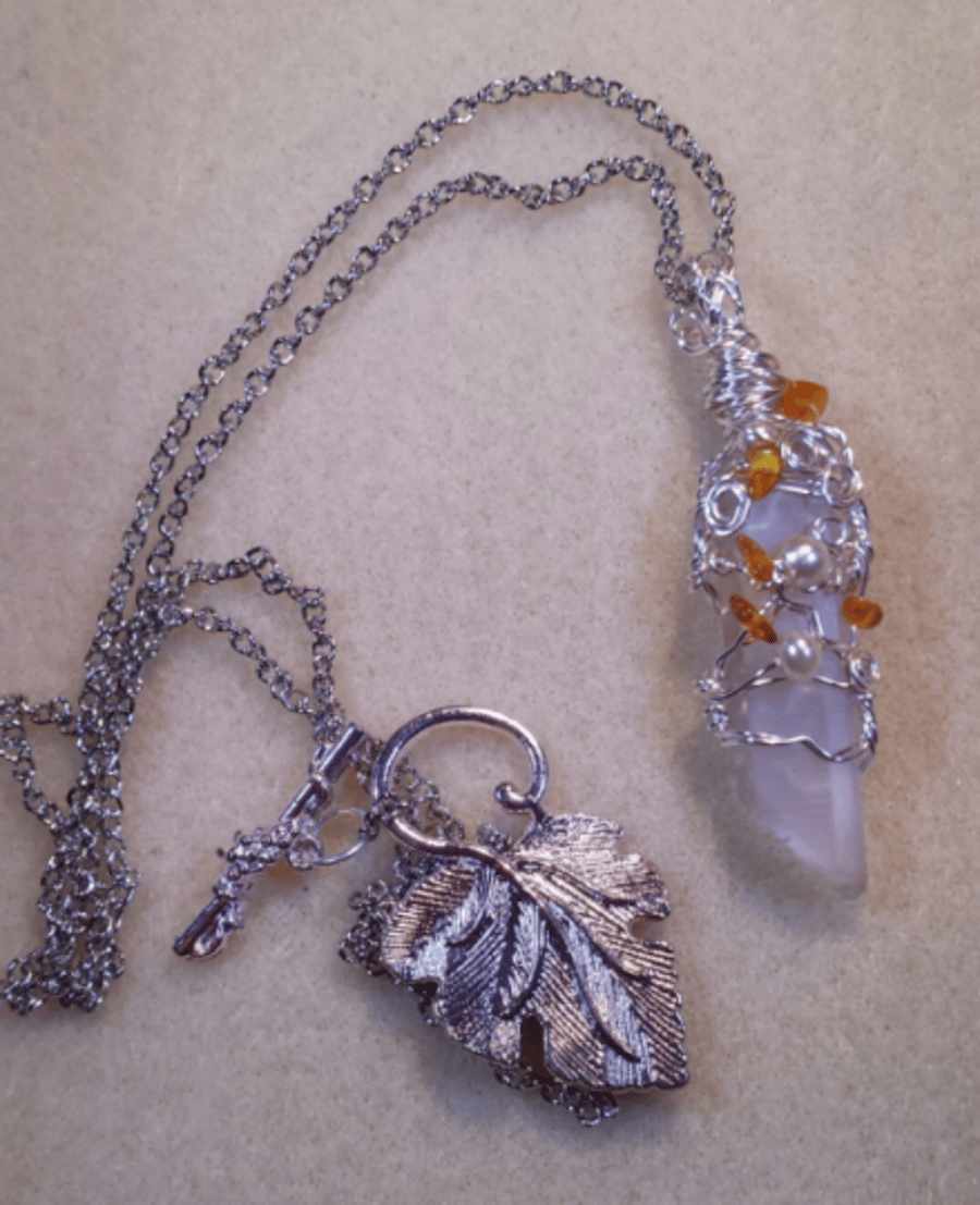 Handcrafted Wire Wrapped Clear Quartz with Honey Amber & Pearls Gemstone Pendant