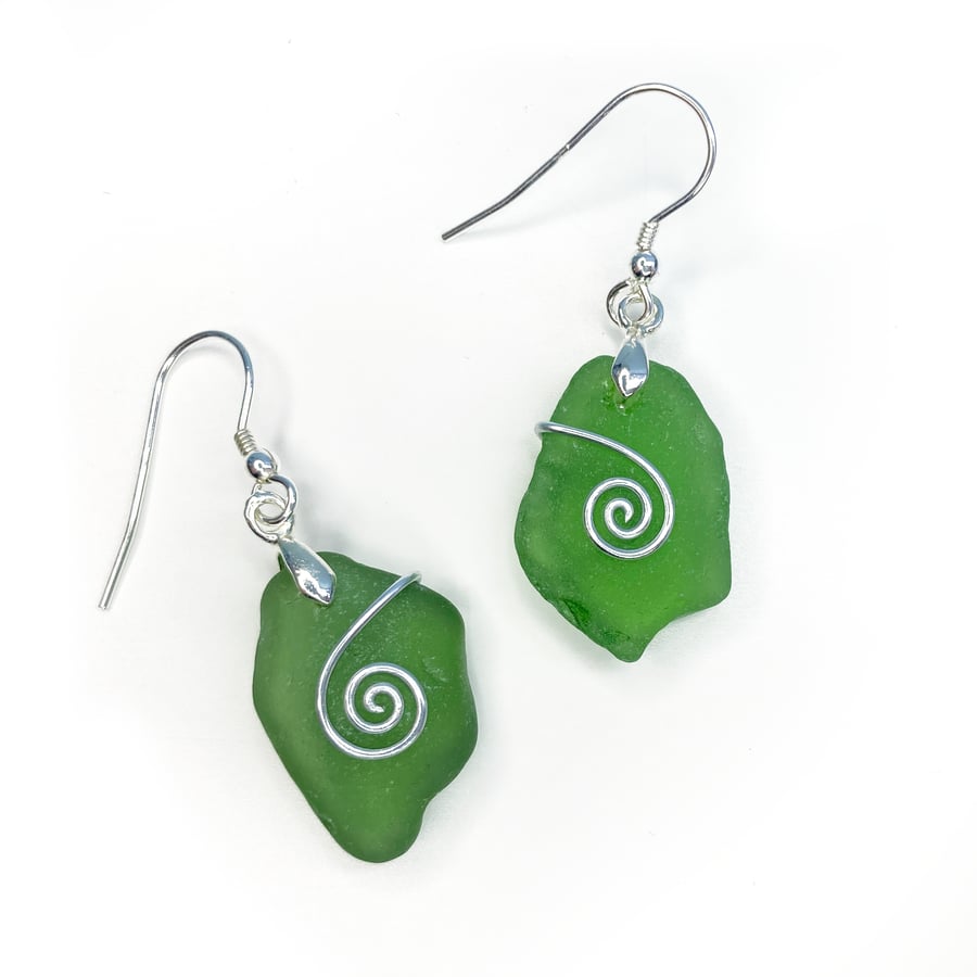 Sea Glass Earrings - Dark Green - Handmade Scottish Silver Wire Celtic Jewellery
