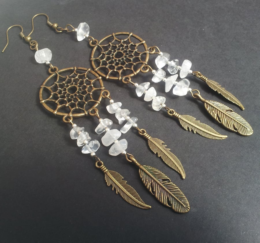 Bronze Clear Quartz Dream Catcher Dreamcater Statement Earrings Pagan Wicca