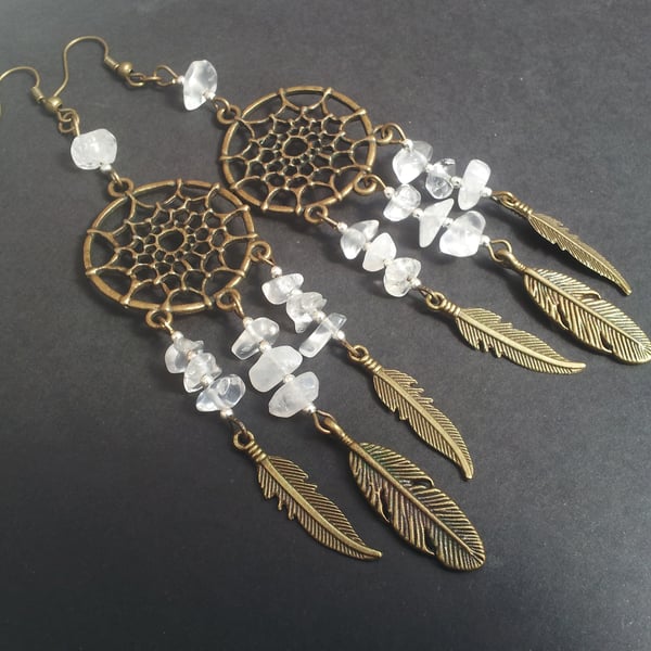 Bronze Clear Quartz Dream Catcher Dreamcater Statement Earrings Pagan Wicca