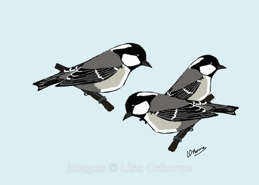 Coal tits. Print. Digital illustration. Garden birds. Wildlife