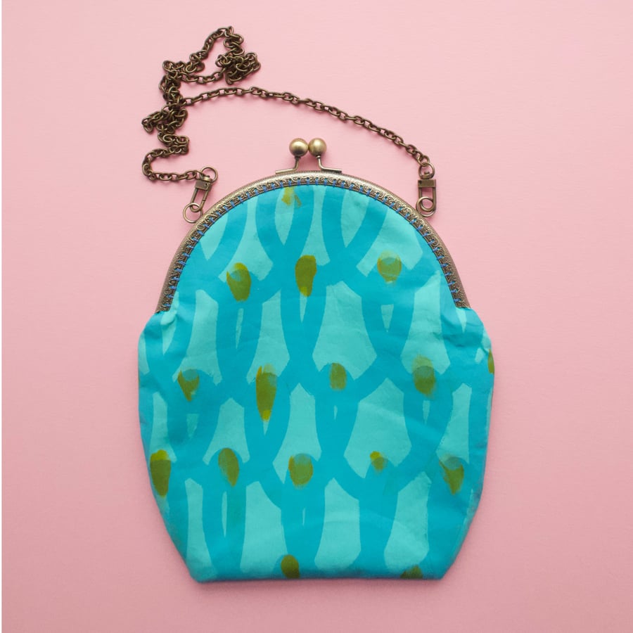 Hand painted fabric large purse or small hand bag - turquoise and yellow