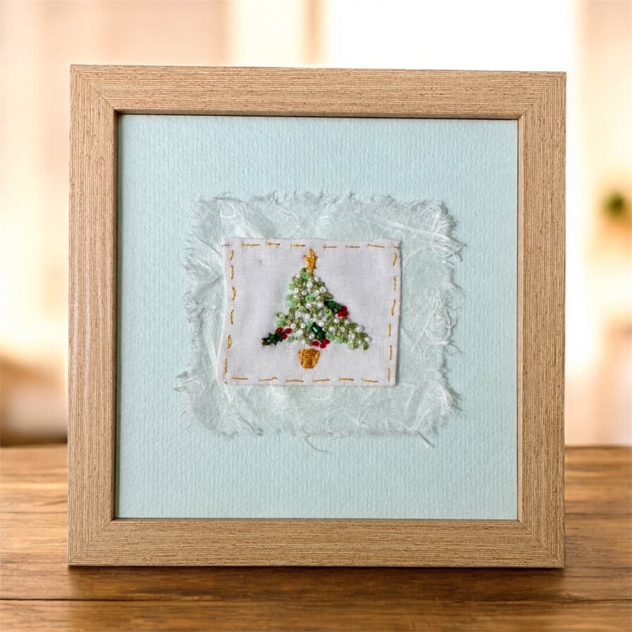 Hand embroidered Christmas tree card with Holly and mistletoe. Luxury, unique.