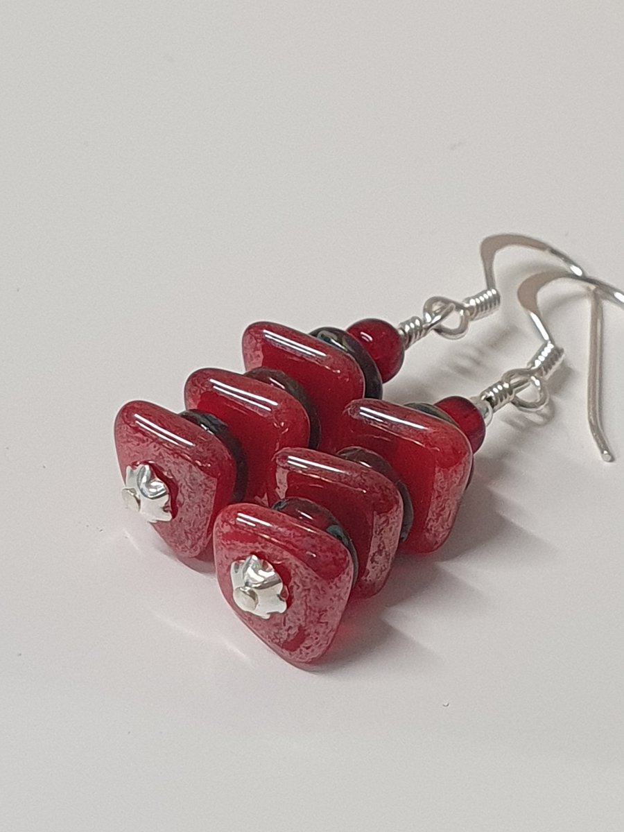Red Czech Glass and Sterling Silver Drop Earrings 