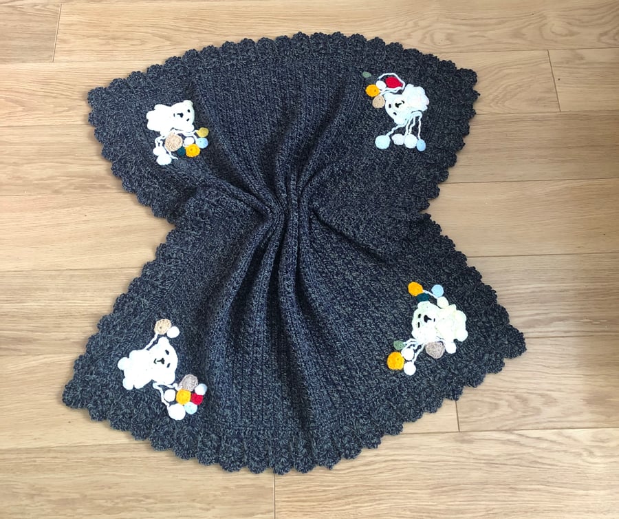 Teddy bears and balloons crochet baby blanket. Variegated blue. Size 36” by 34”.