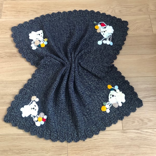 Teddy bears and balloons crochet baby blanket. Variegated blue. Size 36” by 34”.