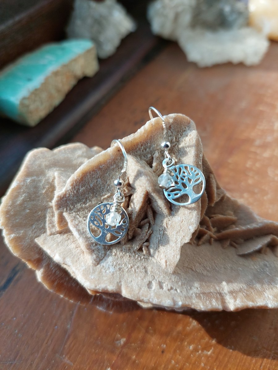 Sterling Silver and Quartz Tree of Life Earrings - April Birthstone