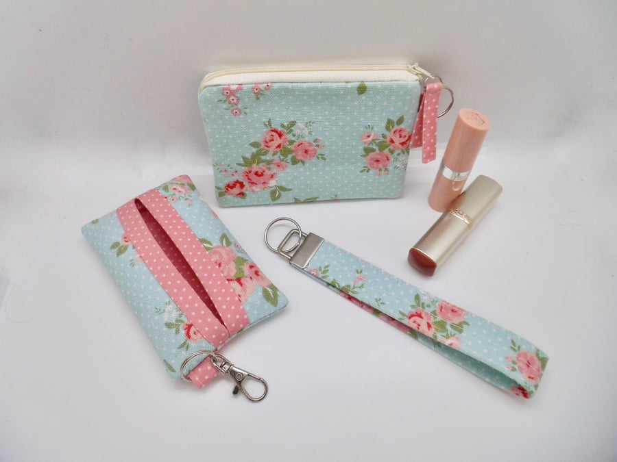 Tissue holder, wrist strap key ring and purse in pink and blue floral fabric 