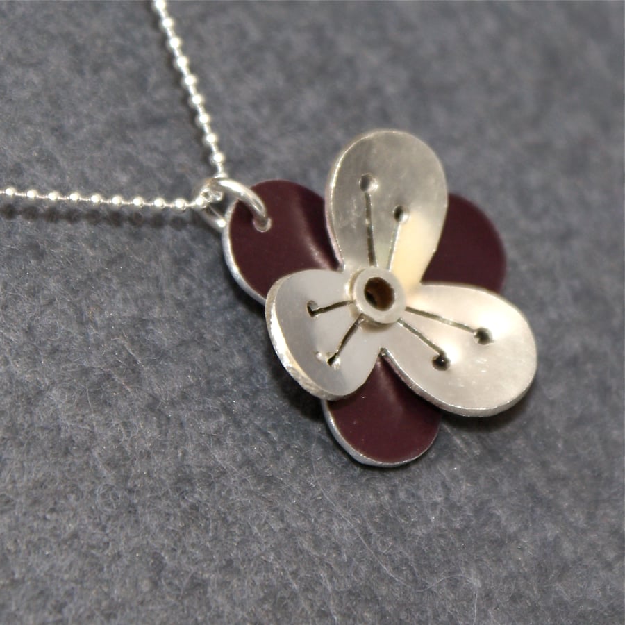 Retro flower pendant necklace - alstroemeria or viola shape - dark plum