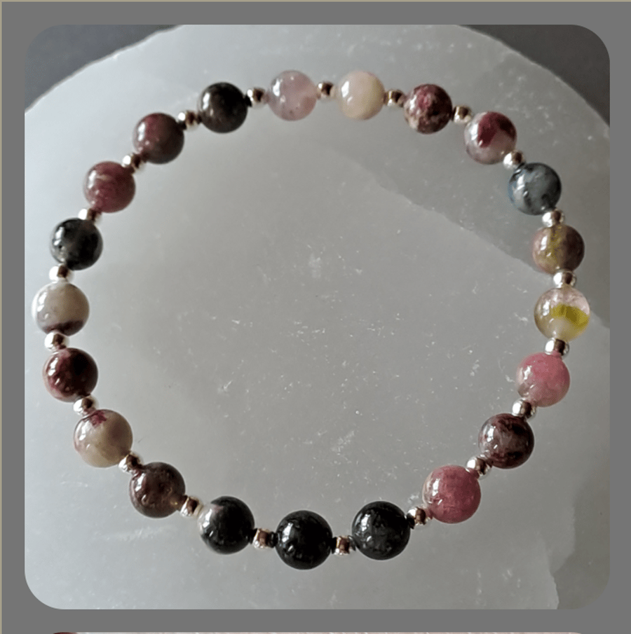 Rainbow Tourmaline and Sterling Silver Bracelet