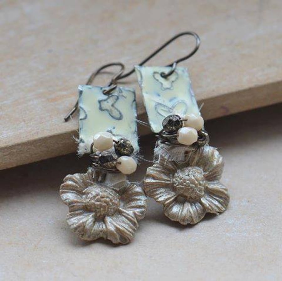 Cream Flower Clay Earrings with Butterfly Vintaj Metal and Czech Beads