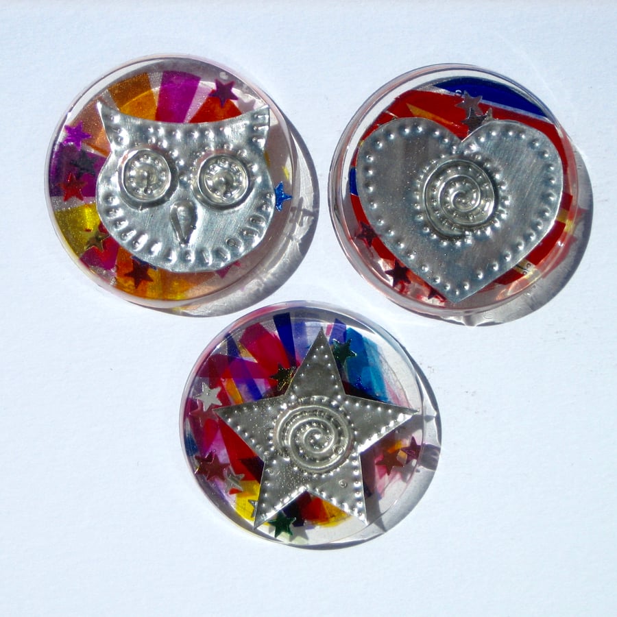 Set of Three Magnets, Owl, Heart and Star