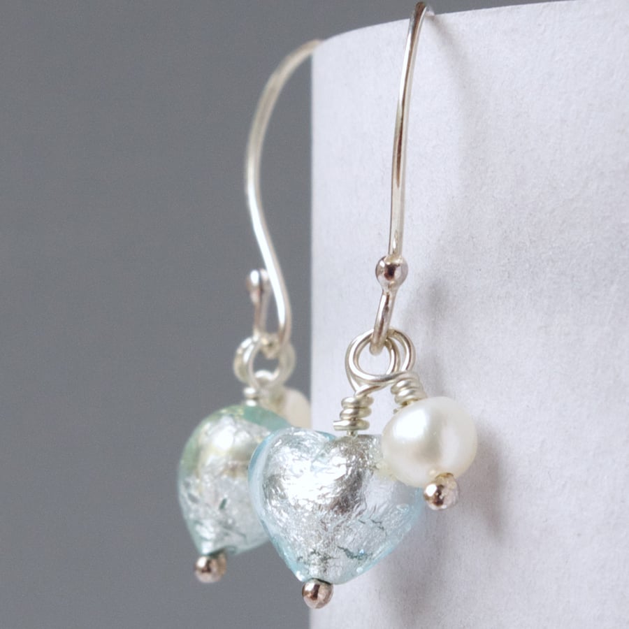 Bridesmaids' Present Mint Green Murano Heart and Pearl Drop Earrings