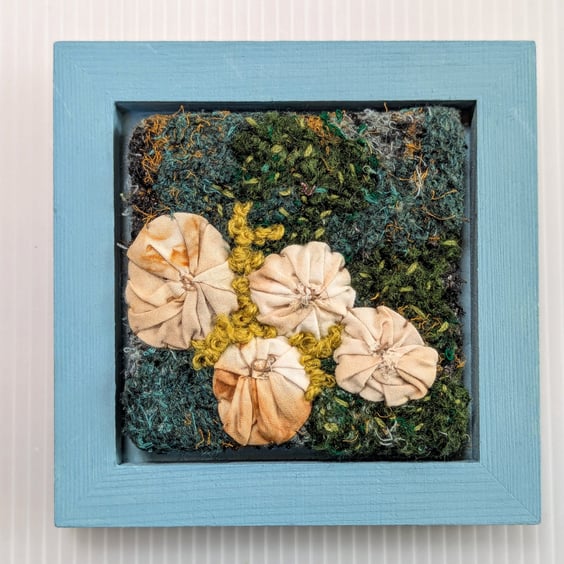 Mossy Textile Art in Teal painted 5" wooden frame.