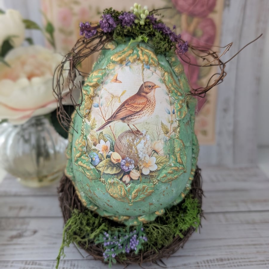 Beautiful Forest Egg (Green) In a Nest stand OOAK Handcrafted