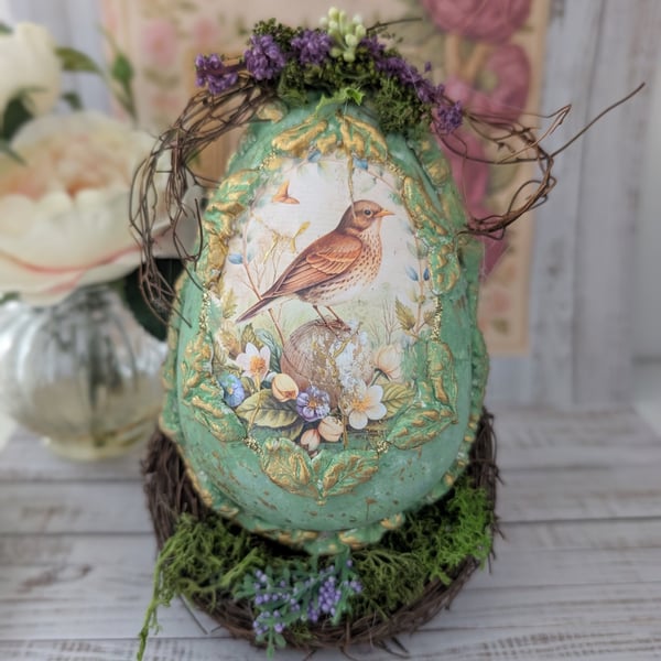 Beautiful Forest Egg (Green) In a Nest stand OOAK Handcrafted