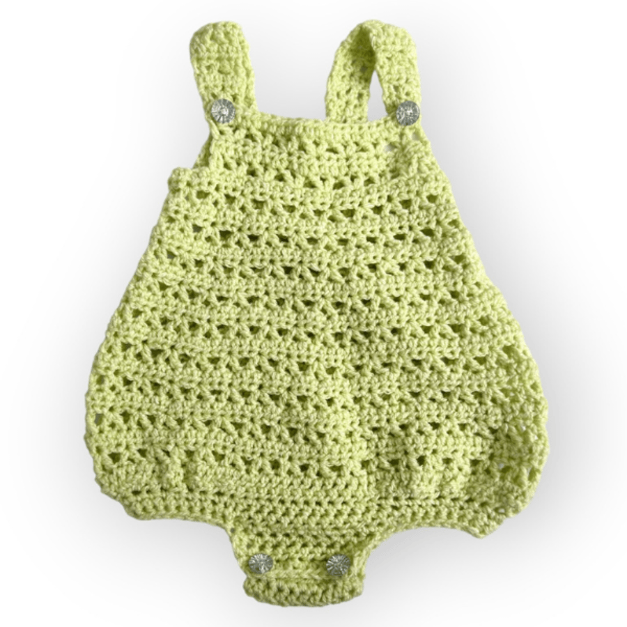 6-12 Months Avocado Green Crochet Baby Romper – Breathable Summer Romper 