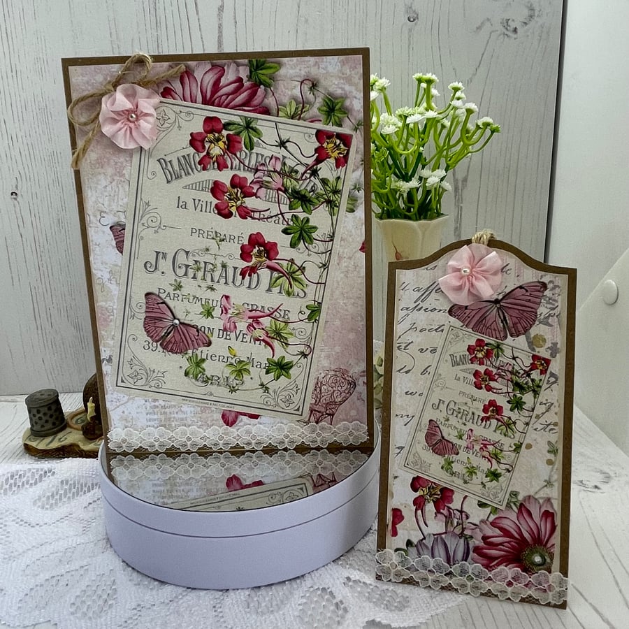 Greeting Card - Vintage Floral card and tag by Carolee Crafts - C108