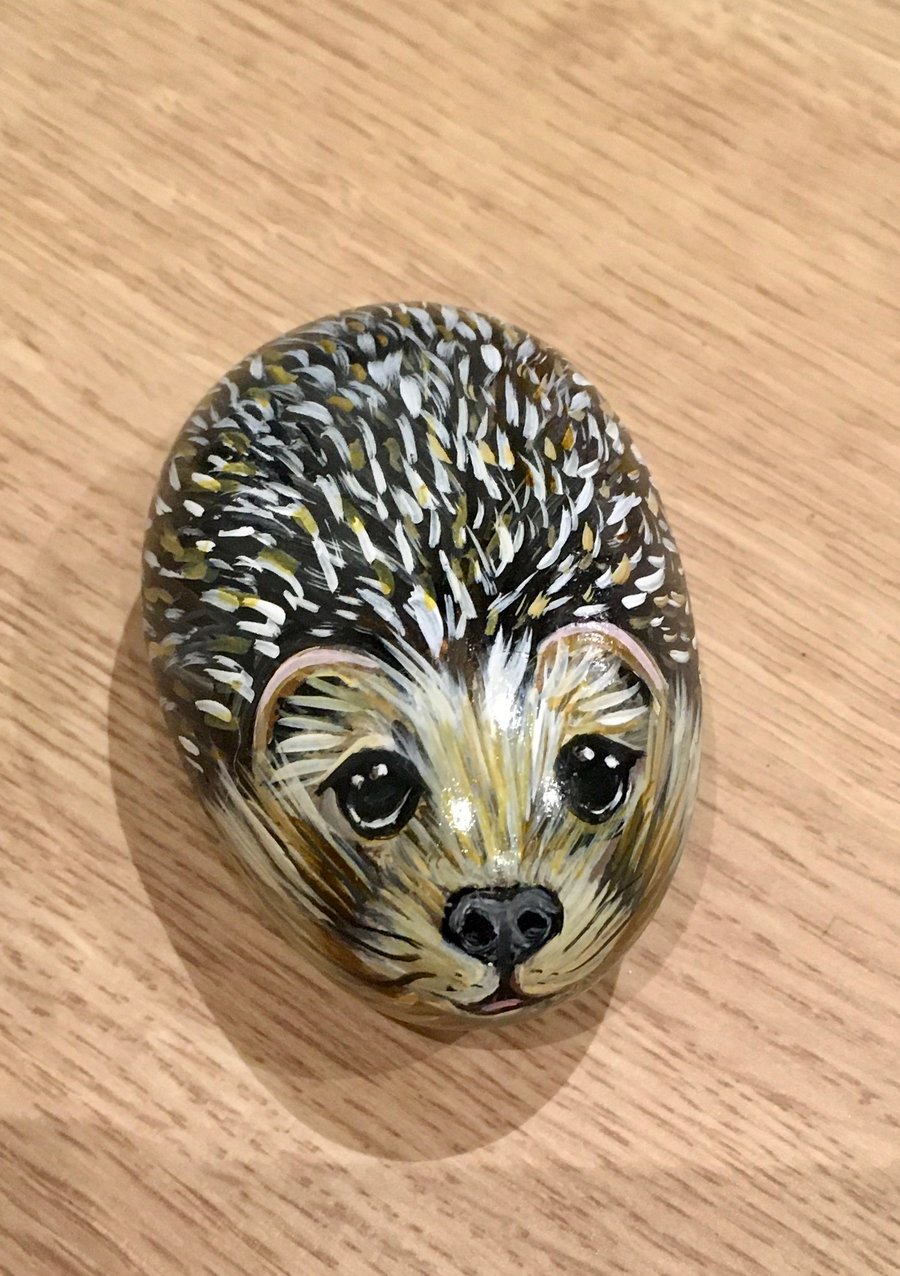 Hedgehog hand painted pebble garden rock art pet stone portrait 