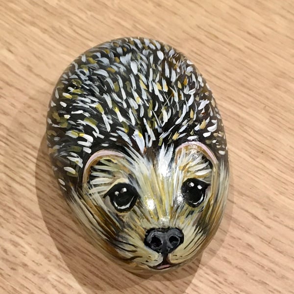 Hedgehog hand painted pebble garden rock art pet stone portrait 