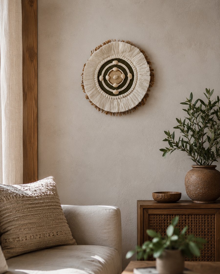 "Ubusika 4" Olive Green, White & Jute Macrame Wall, Shelf & Console Table Decor
