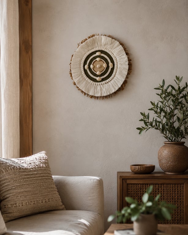 "Ubusika 4" Olive Green, White & Jute Macrame Wall, Shelf & Console Table Decor