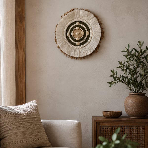 "Ubusika 4" Olive Green, White & Jute Macrame Wall, Shelf & Console Table Decor