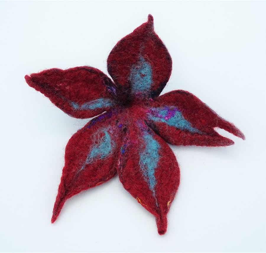 Felted flower brooch: merino wool and silk in wine red and light teal