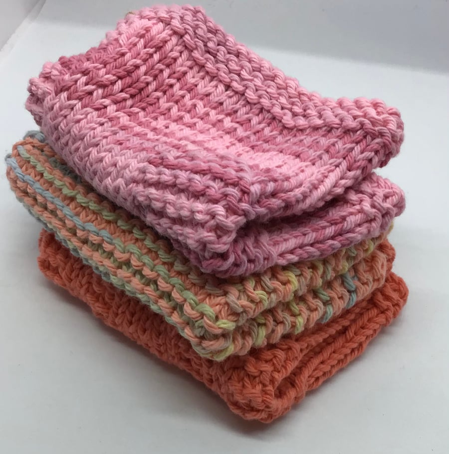Hand Knit Cotton Dishcloth Bundle of 3