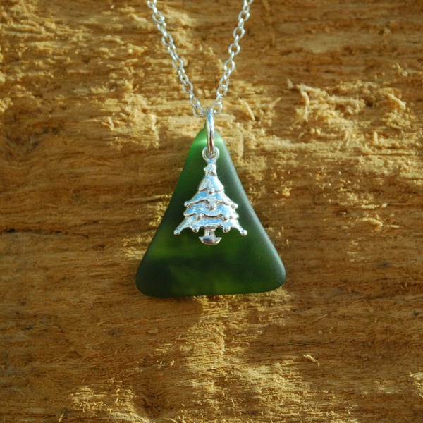 Christmas tree charm on beach glass pendant