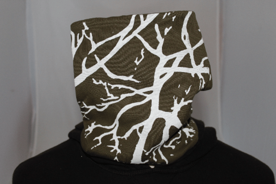 Handmade stretch cotton Neck warmer, hand printed tree print,green Snood scarf.