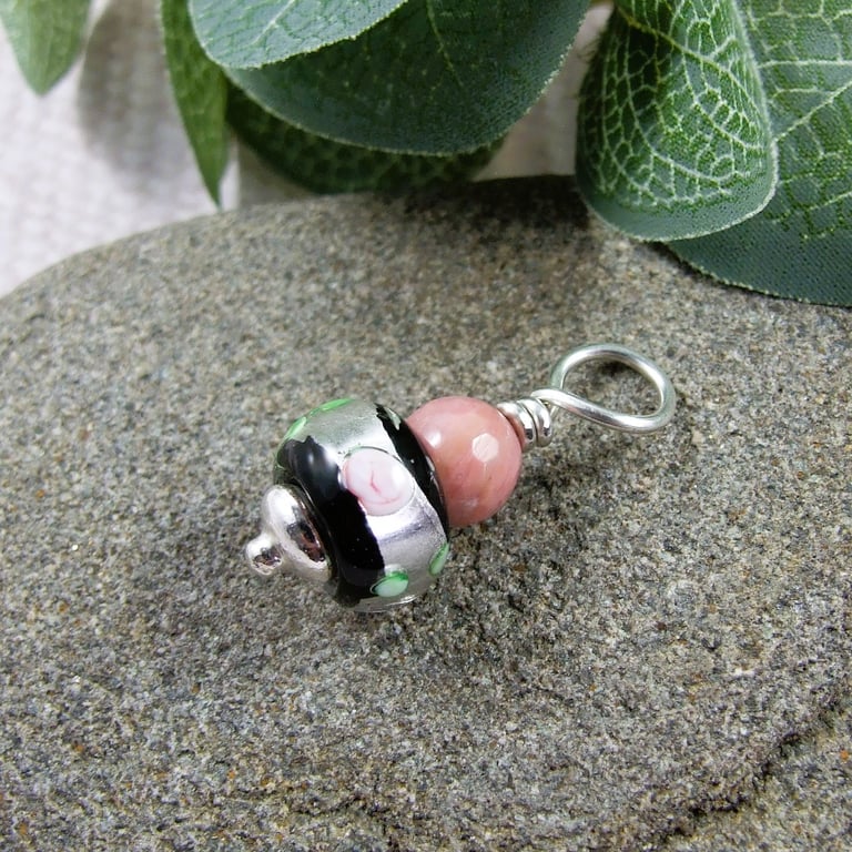 Black Rose Glass Bead Pendant, Sterling Silver & Rhodonite - Chain is Optional