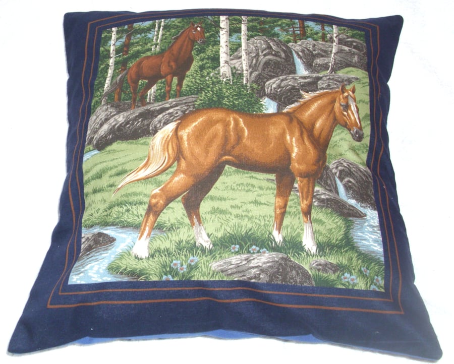 Two Wild horses by a stream beside a forest cushion