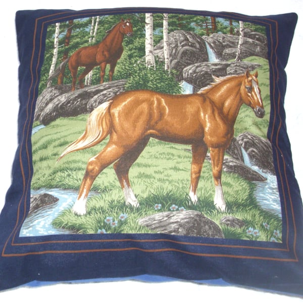 Two Wild horses by a stream beside a forest cushion