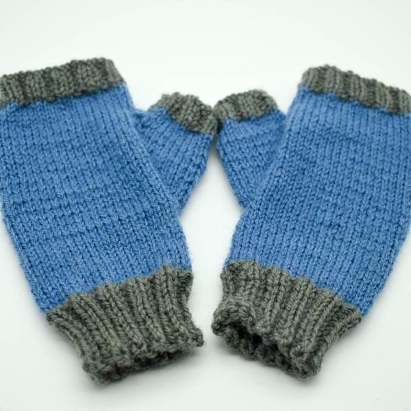 SOLD Hand Knitted fingerless wool mittens - Small Child - Blue and grey
