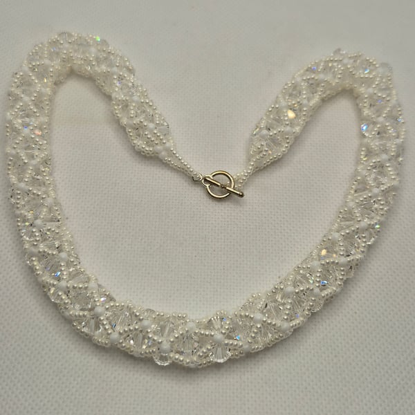 Swarovski crystal and seed bead netted necklace in white