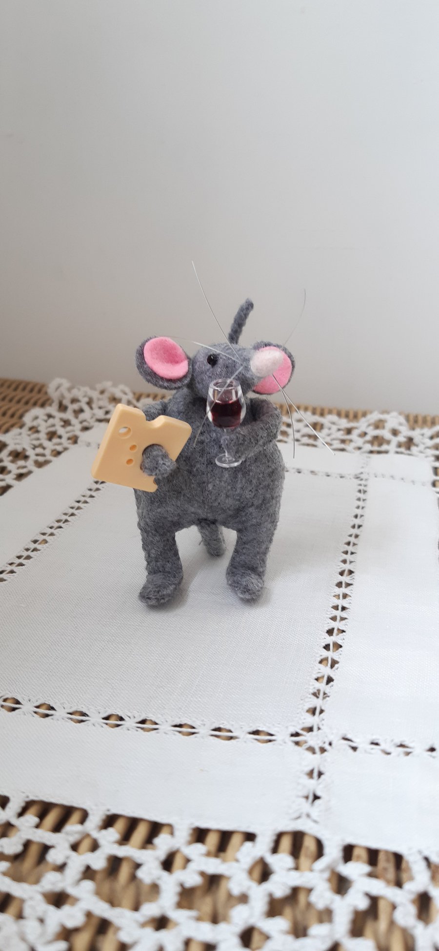 Handsewn character felt mouse: cheese and wine happiness mouse